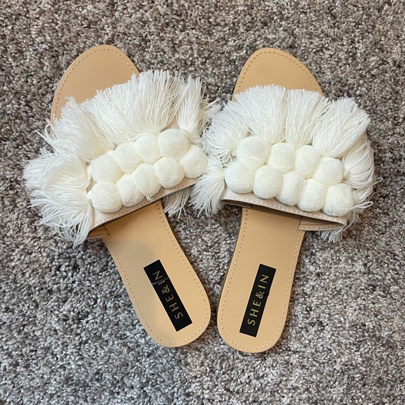SHEIN Shoes - POM fringe white sandals sz 9